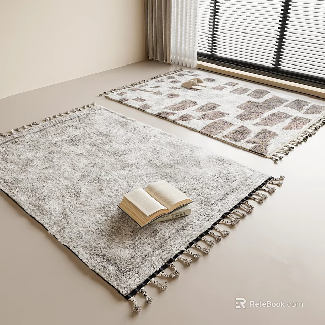 Gray Square Rug with Geometric Pattern and Tassels in Living Room with Decorative Open Book 3d model 