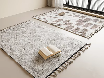 Gray Square Rug with Geometric Pattern and Tassels in Living Room with Decorative Open Book 3d model