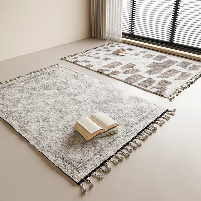 Gray Square Rug with Geometric Pattern and Tassels in Living Room with Decorative Open Book 3d model