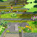 Traditional Landscape Design With Thatched Hut Green Trees Pathways And Terraced Lawns