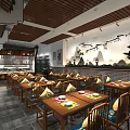 Elegant Chinese Restaurant Interior With Wooden Ceiling Screens And Yellow Cushioned Chairs