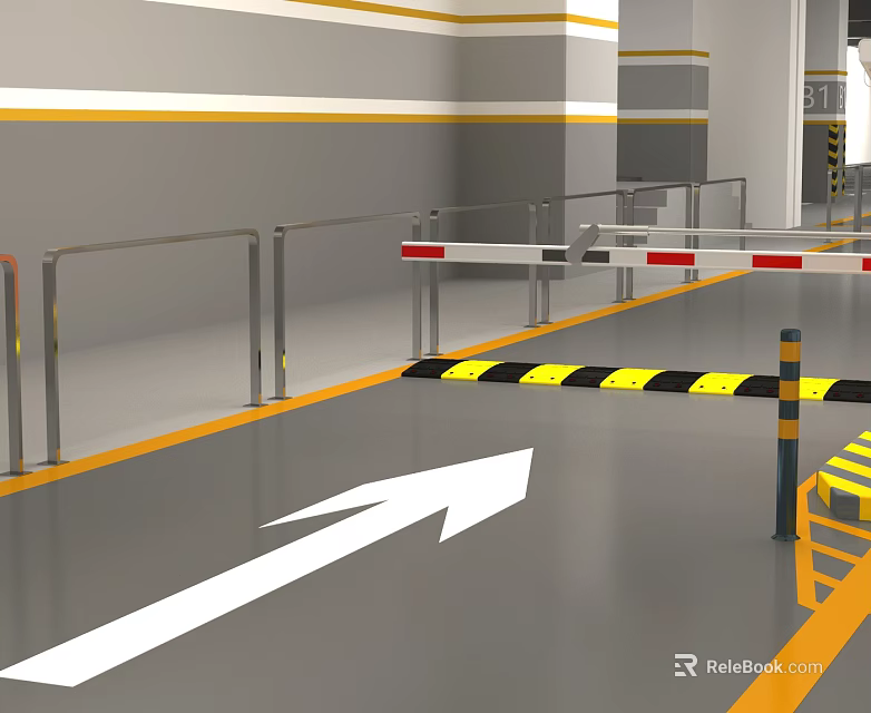 Parking Lot Interior With White Directional Arrow Yellow Black Warning Stripes And Metal Railings 3d model 