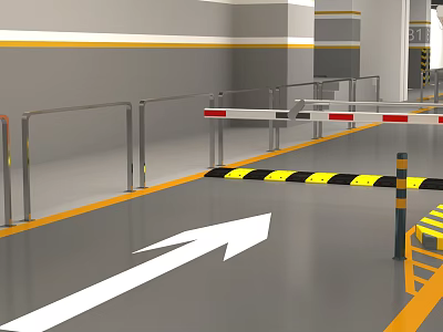 Parking Lot Interior With White Directional Arrow Yellow Black Warning Stripes And Metal Railings 3d model
