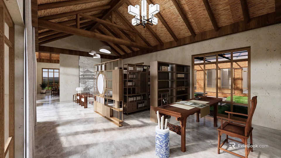 Traditional Chinese Study Room With Wooden Furniture Bookshelves Writing Desk Chandelier And Windows 3d model 