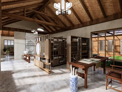 Traditional Chinese Study Room With Wooden Furniture Bookshelves Writing Desk Chandelier And Windows 3d model