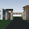 Traditional Architectural Exterior Wall Entrance Gate With Stone Structure Wooden Roof And Green Plants