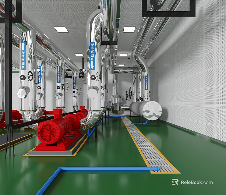 Industrial Facility Interior With Red Pumps Pipes Green Floor And White Walls 3d model 