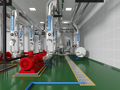 Industrial Facility Interior With Red Pumps Pipes Green Floor And White Walls 3d model