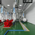 Industrial Facility Interior With Red Pumps Pipes Green Floor And White Walls