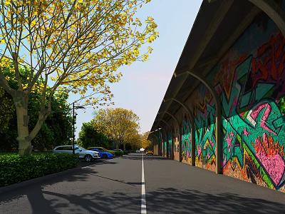 Park Landscape With Trees Having Yellow Leaves Green Shrubs Parked Cars And Colorful Graffiti Arcade 3d model