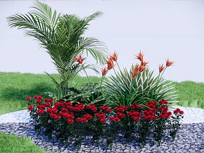 Lush Garden Plant Combination with Palm Leaves Orange Flowers Red Roses Grass and Pebbles 3d model