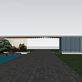 Modern Entrance Gate With Brick Driveway Trees Lawn And Pool Landscape