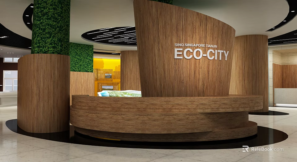 Eco City Interior Design With Wooden Curved Reception Desk And Green Plant Wall 3d model 