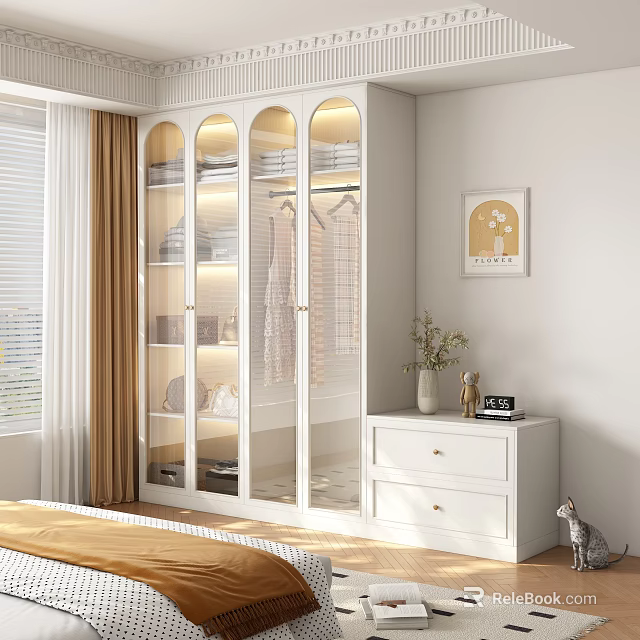 Modern Minimalist Wardrobe With Glass Doors Built-in Lighting And Decorative Drawer Cabinet 3d model 