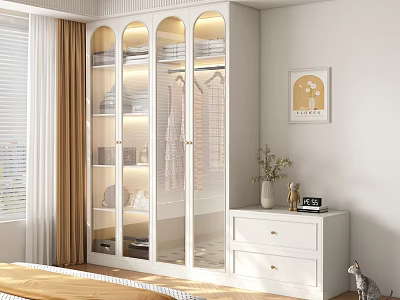 Modern Minimalist Wardrobe With Glass Doors Built-in Lighting And Decorative Drawer Cabinet 3d model