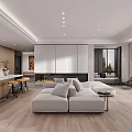 Modern Living and Dining Room Interior With Open Layout Grey Sofa Fireplace And Large Windows 3d model