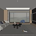 Modern Living Room Interior With Sofa Coffee Table TV Wall And Floor To Ceiling Windows