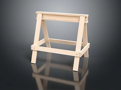 Sturdy Wooden Sawhorse Workbench Support with Cross Supports on Black Reflective Surface 3d model