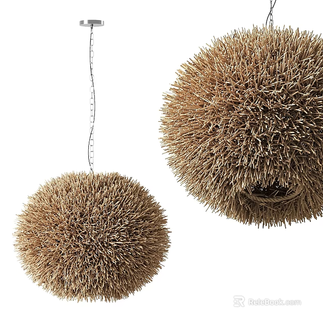Natural Spherical Woven Straw Pendant Lights in Brown for Rustic Home Decor 3d model 