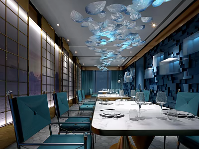 Modern Restaurant Interior With Blue Chairs White Dining Tables And Jellyfish Shaped Chandeliers 3d model