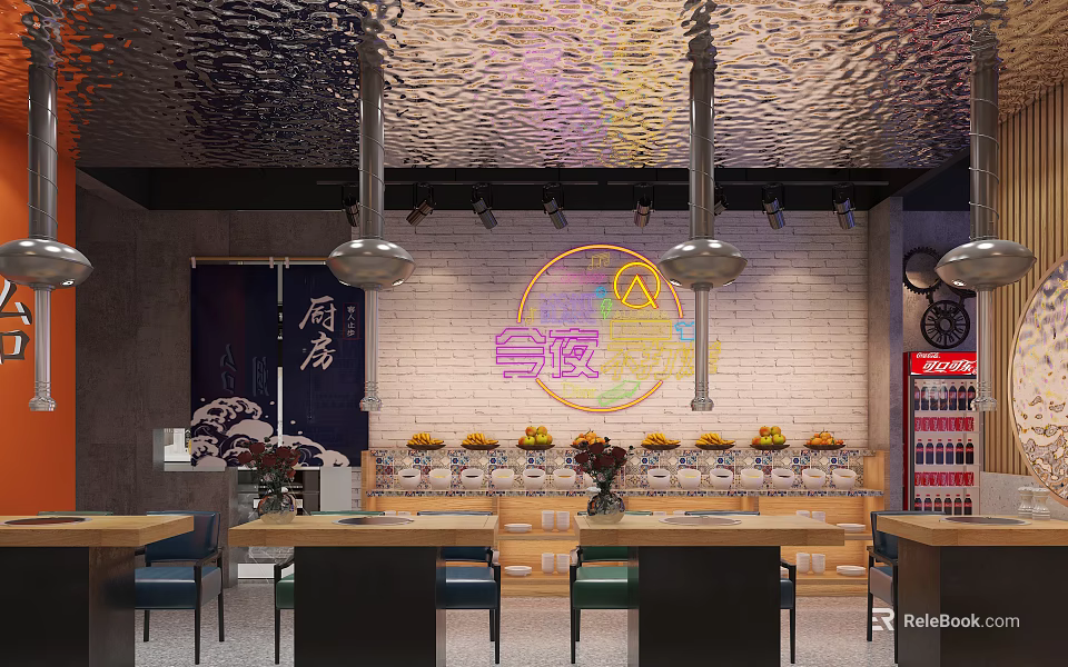Cozy Restaurant Interior With Neon Sign Brick Wall Fruit Display And Metallic Ceiling 3d model 