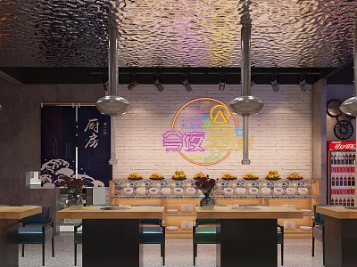 Cozy Restaurant Interior With Neon Sign Brick Wall Fruit Display And Metallic Ceiling 3d model