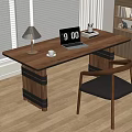 Wooden Desk With Laptop Lamp Coffee Cup And Notebook In Sunlit Room With Chair