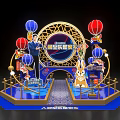 Decorative Bamin Life Carnival Art Installation with Red Blue Lanterns Rabbit Figure and Golden Frame