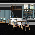 Modern Dessert Shop with Blue Walls Display Cabinets Bar Counter Tables Chairs and Bright Ambiance