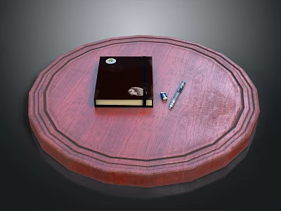 Round Red Wooden Table Top With Black Notebook Pen And USB Drive 3d model