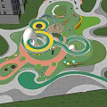 Colorful Outdoor Children's Playground With Circular Play Areas Slides And Green Trees