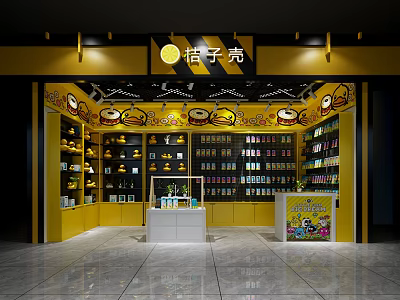 Orange Bright Store Interior With Yellow Theme Shelves And Displayed Products 3d model