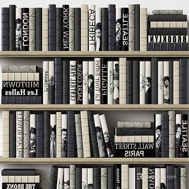 Stylish Books And Magazines On Wooden Bookshelf With City Titles And Black White Covers 3d model 