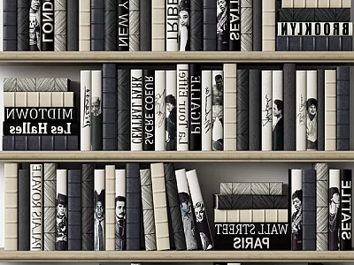 Stylish Books And Magazines On Wooden Bookshelf With City Titles And Black White Covers 3d model