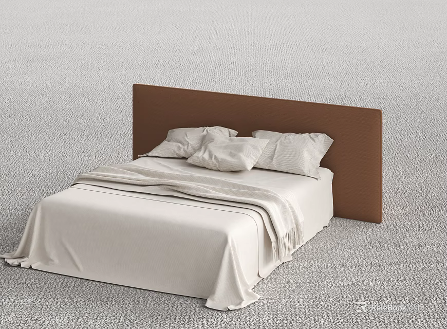 Minimalist Modern Double Bed With Brown Headboard White Sheets And Pillows 3d model