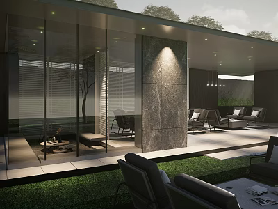 Modern Outdoor Pergola Design With Glass Curtain Wall Stone Columns Outdoor Furniture And Greenery 3d model