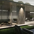 Modern Outdoor Pergola Design With Glass Curtain Wall Stone Columns Outdoor Furniture And Greenery