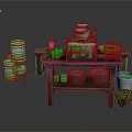 Wooden Workbench With Red Liquid Container Transparent Containers Blue Buckets Metal Tools And Clay Pot
