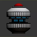 Futuristic Device With Silver Metallic Body Layered Structure Red Top Button And Blue Glowing Panels