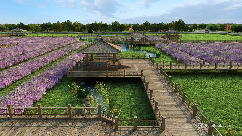 Scenic Lavender Fields With Wooden Boardwalk Pavilions Ponds Green Grass And Trees Under Blue Sky 3d model 