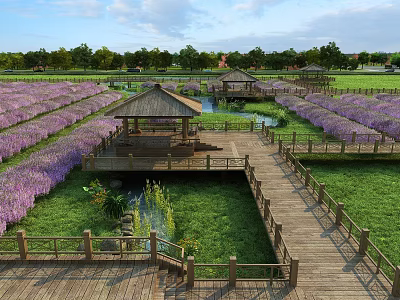 Scenic Lavender Fields With Wooden Boardwalk Pavilions Ponds Green Grass And Trees Under Blue Sky 3d model