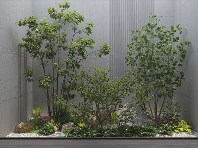 Arbor With Shrubs Stones Purple Flowers And Greenery Against Gray Wall 3d model