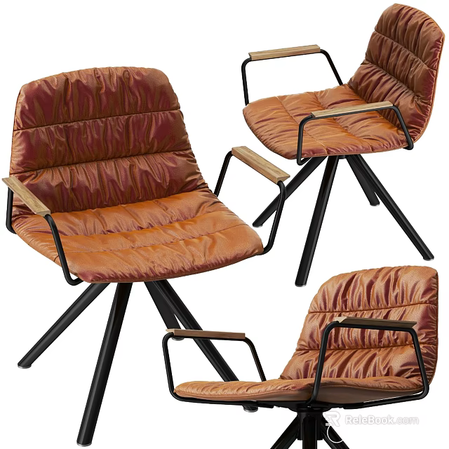 Modern Brown Leather Accent Chairs With Pleated Design Black Metal Frame And Wooden Arms 3d model 
