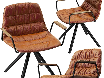 Modern Brown Leather Accent Chairs With Pleated Design Black Metal Frame And Wooden Arms 3d model