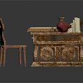 Wooden Writing Desk With Open Book Jewelry Box Water Jug Candles Apple And Chair