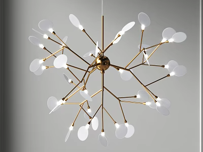 Modern Luxury Radial Chandelier with Gold Metal Branches and White Glass Shades 3d model