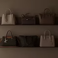 Stylish Leather Handbags On Wooden Shelves With Checkerboard And Logo Designs