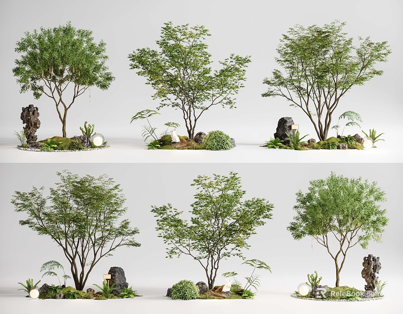 Exquisite Garden Mini Landscapes With Trees Rocks And Small Plants 3d model 
