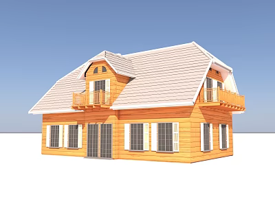 Wooden Single Family House With White Roof Balconies Double Doors And Large Windows 3d model