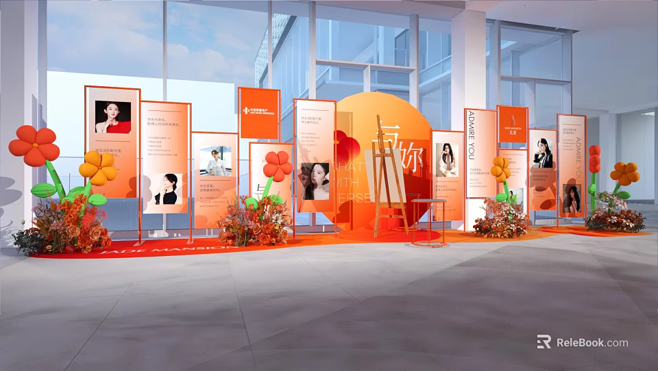 Orange Themed Exhibition Display With Photo Boards Text Content And Flower Decorations 3d model 